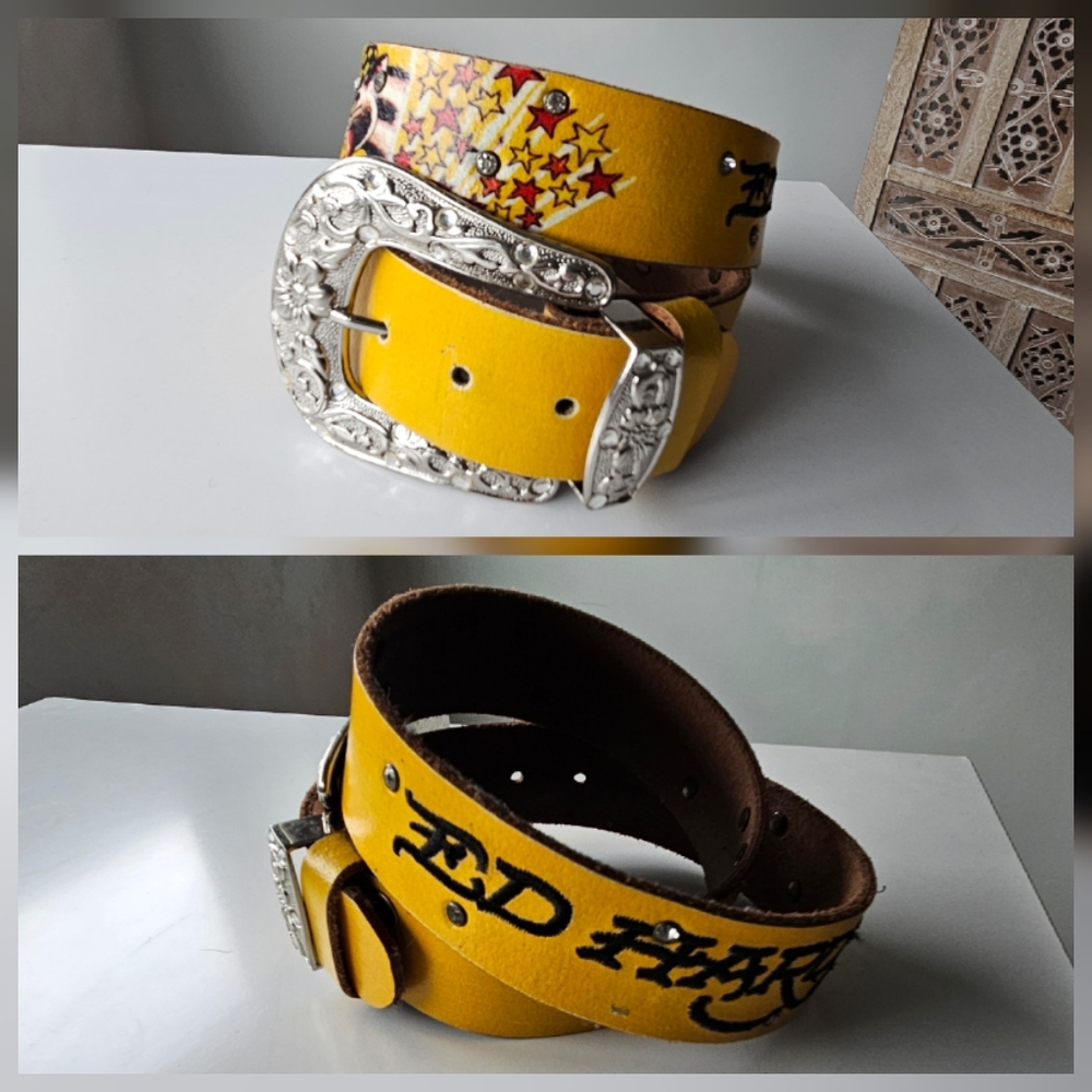 Ed Hardy Vintage Tattoo  Mustard Yellow Death Or Glory Rinestone Leather Belt